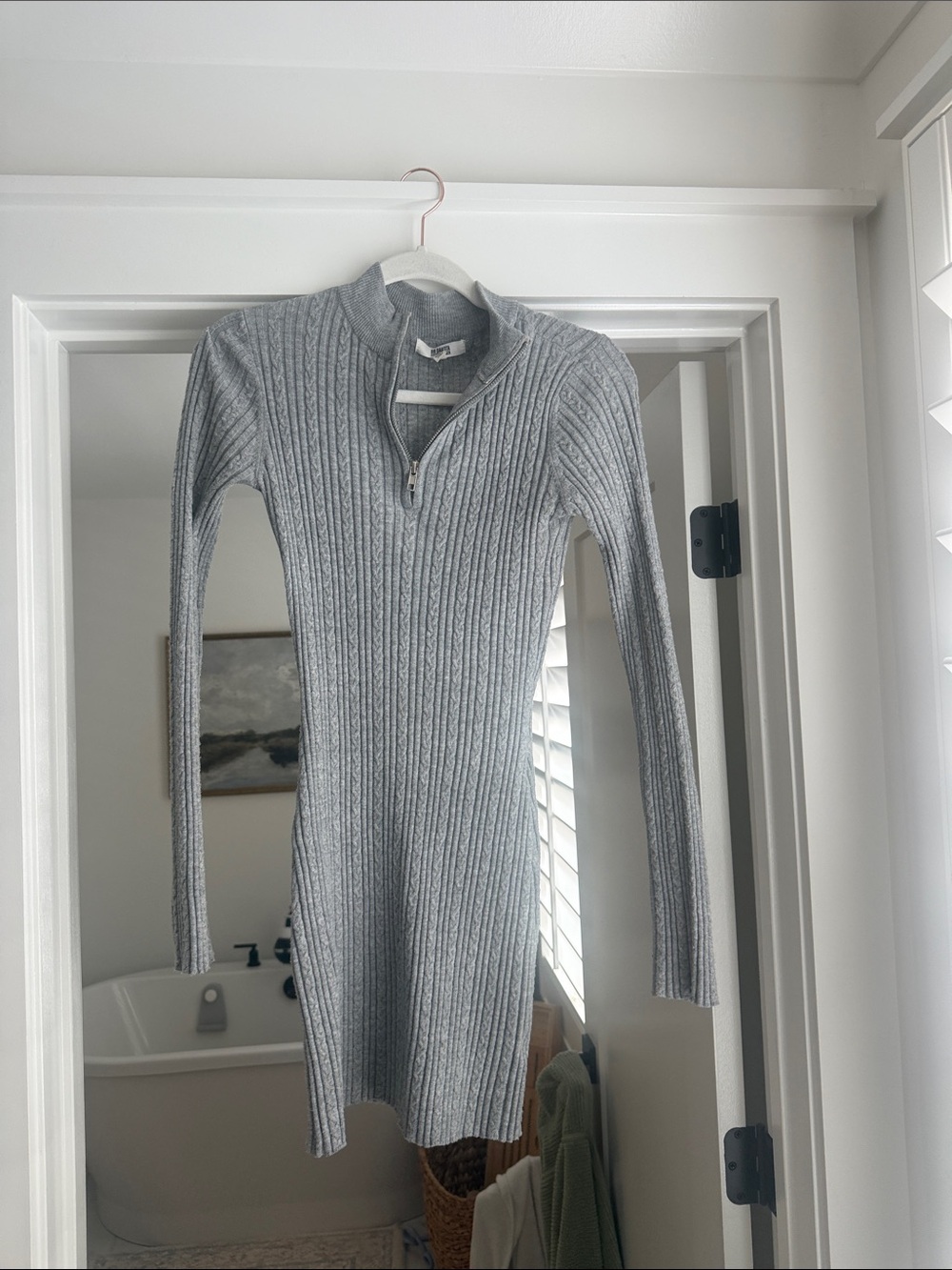 BB Dakota Light Grey Ribbed Quarter-Zip Knit Dress